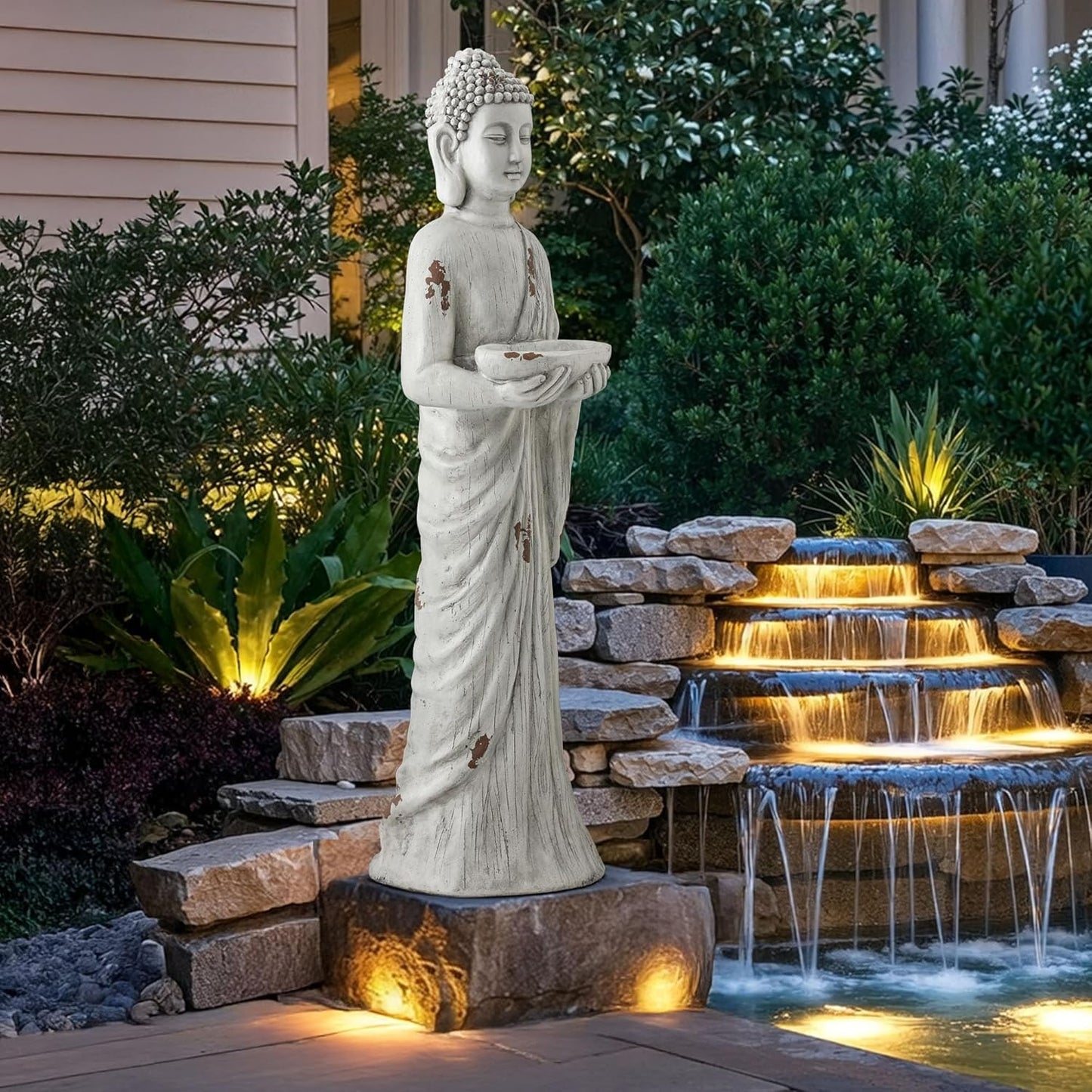 Zen Garden Asian Buddha Statue, 42.1" Large Outdoor Yard Sculpture,Durable Magnesium Oxide Stone Decor for Patio, Yard,Indoor Spaces, Antique White