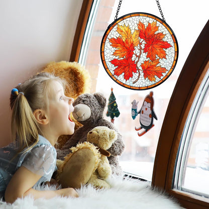 TNUW Fall Maple Leaf Stained Glass Window Hanging, Rustic Autumn Leaves Sun Catchers Indoor Window Glass Round Wall Art Decor, Fall Autumn Wall Hanging Decorations, 7.9＂x7.9＂
