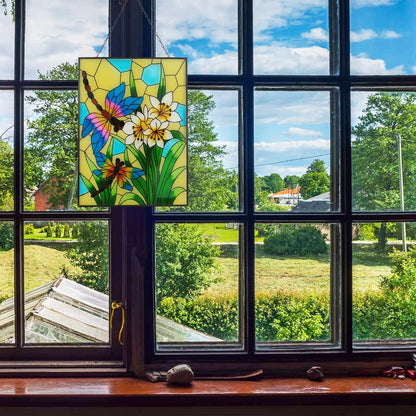 Stained Glass Window Hanging, Dragonfly Glass Art Decor, Sun Catchers Indoor Window, Rectangle Suncatchers for Windows Hanging, Stained Suncatcher for Room Balcony Garden Patio