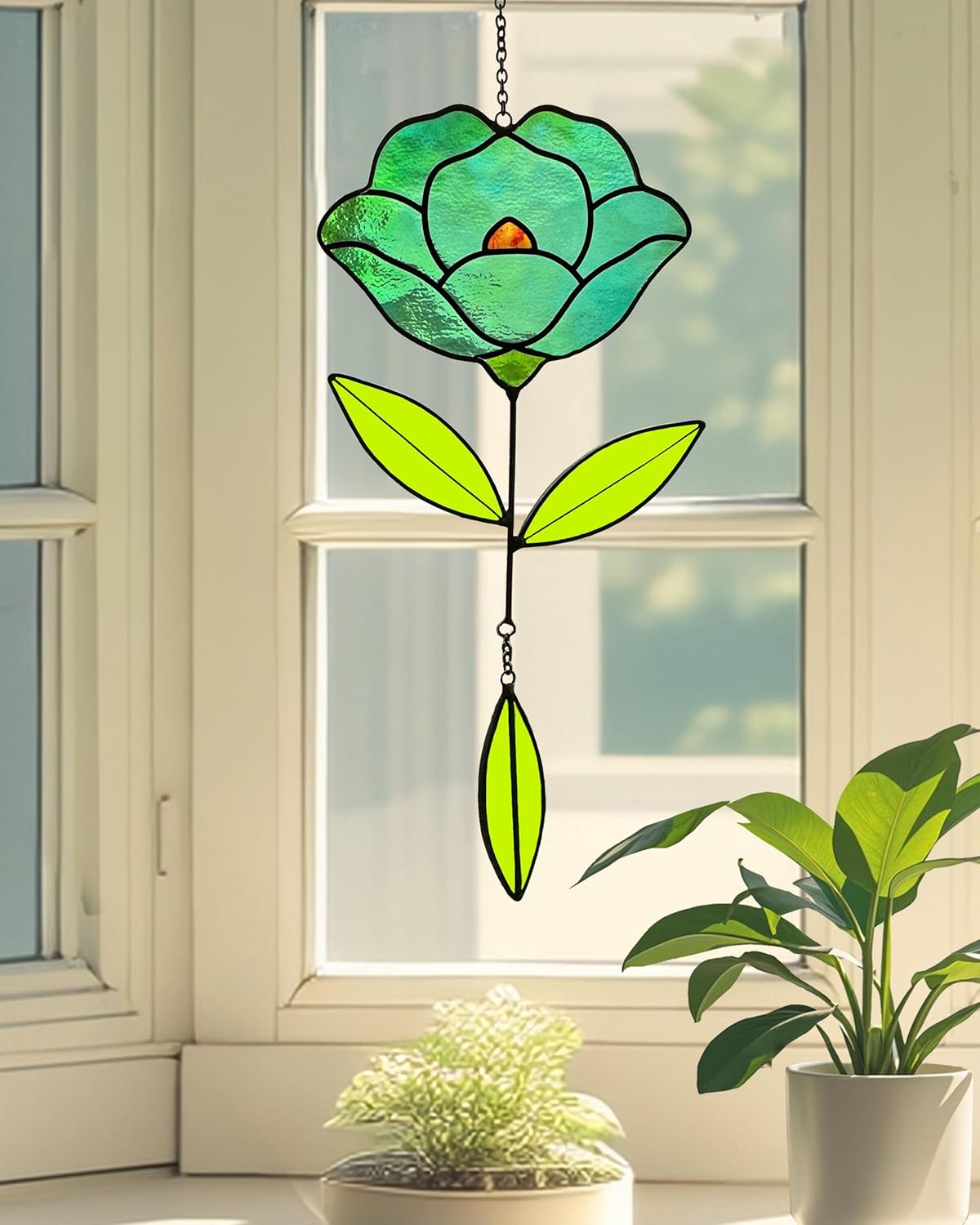 Flower Suncatchers, Stained Glass Window Hangings, Garden Suncatchers for Window and Wall Decor (B-Green)