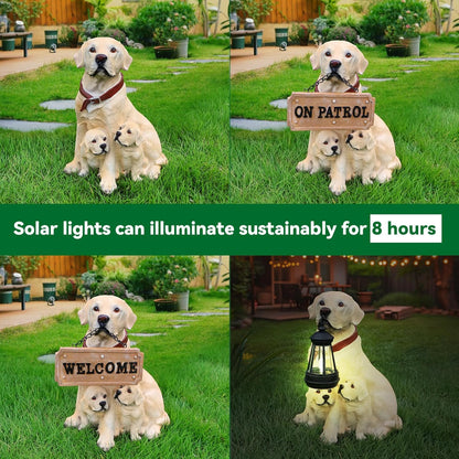 Labrador Retriever Outdoor Dog Family Statue with Reversible “Welcome/ON Patrol” Hanging Plaque and Solar Lantern, Yellow Mom with Two Puppies, Sitting Yard Greeter