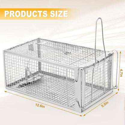 2 Pack Humane Rat Traps - Live Mouse Rat Cage Traps Catch and Release for Indoor Outdoor, Small Animals Traps, Easy to use(12.6''*5.5''*4.7'')