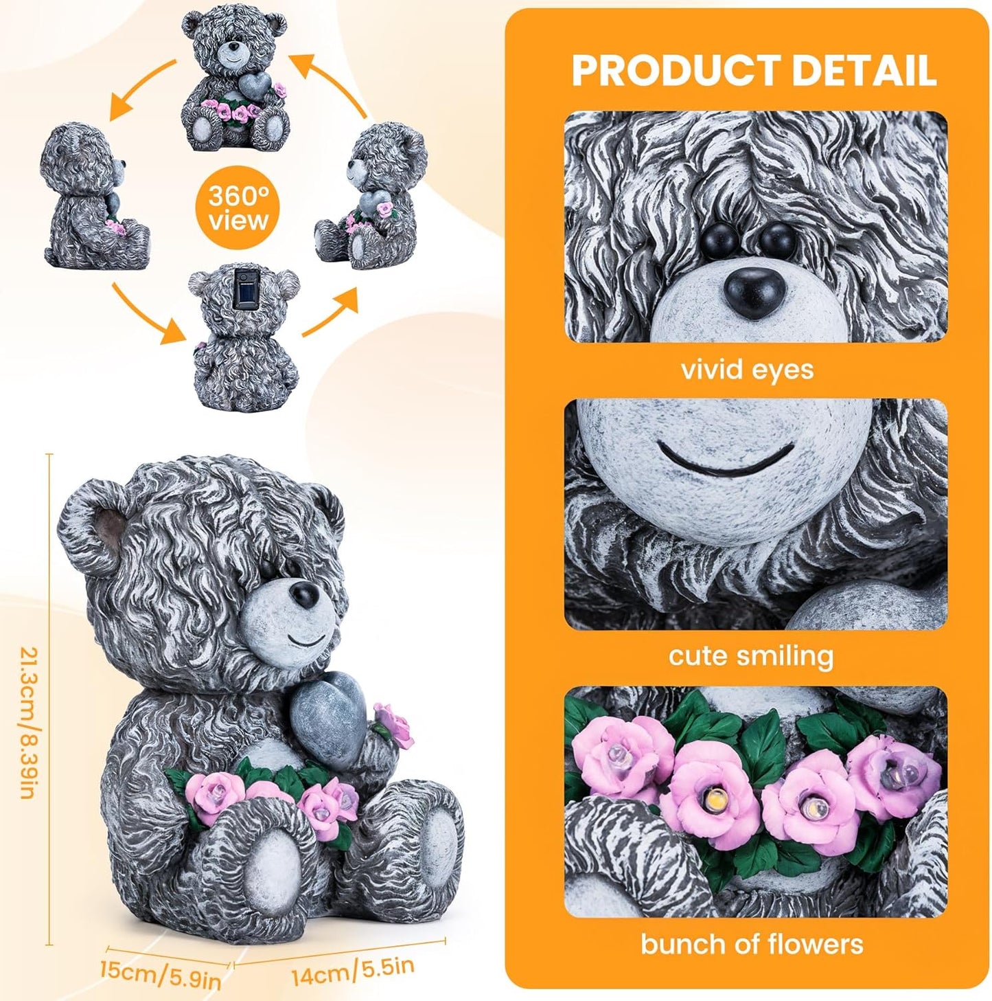 Solar Garden Outdoor Statues Bear with Heart and Pink Flower and 5 LED Lights-Lawn Decor Bear Statue for Patio, Balcony, Yard Ornament-Unique Mother's Day and Housewarming Gifts for Mom, Women