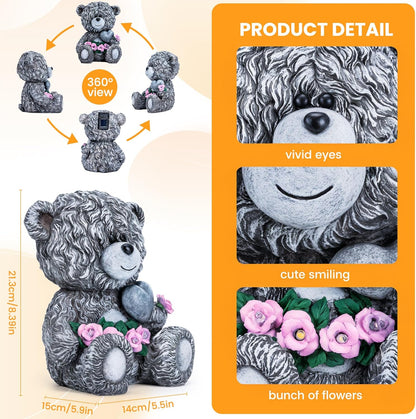 Solar Garden Outdoor Statues Bear with Heart and Pink Flower and 5 LED Lights-Lawn Decor Bear Statue for Patio, Balcony, Yard Ornament-Unique Mother's Day and Housewarming Gifts for Mom, Women
