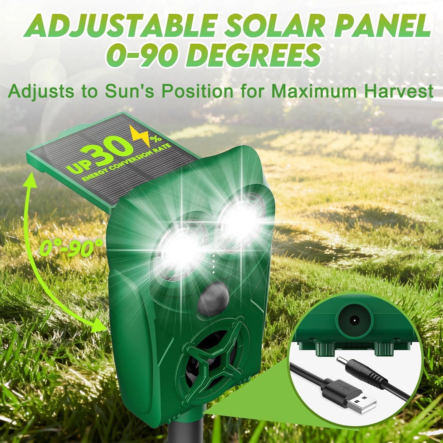 Solar-Powered Ultrasonic Animal Repellent with Motion Sensor, Waterproof Deer Repellent Device with Visual Indicator for Outdoor Yards, Garden, Effective to Repel Deer, Coyotes, Raccoons, and Cats