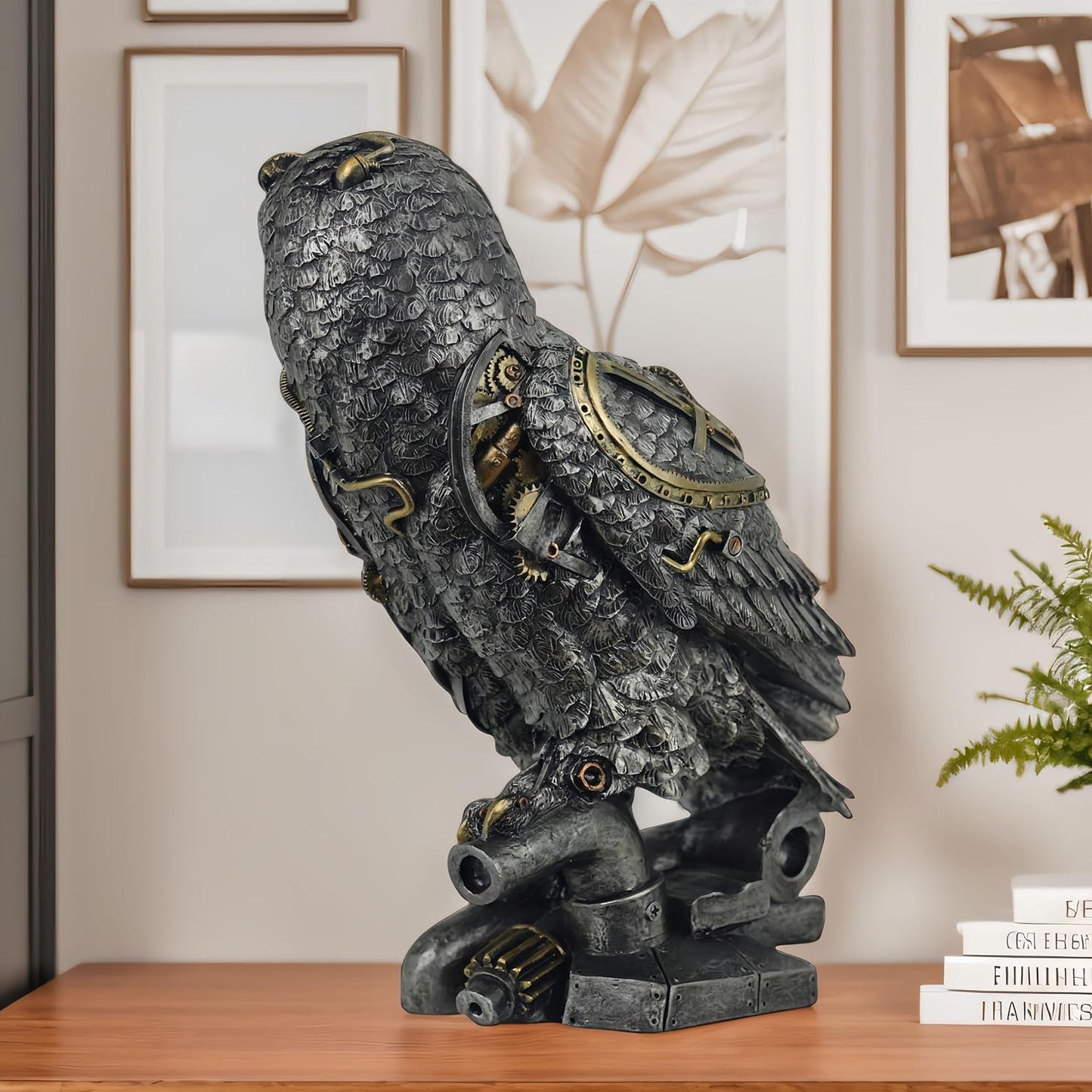 Steampunk Owl Statue 11.6'' H Metallic Silver and Gold Gothic Collectible Animal Figurine Wisdom Gift Owl Sculpture for Home Office Decoration Living Room Tabletop Mantel