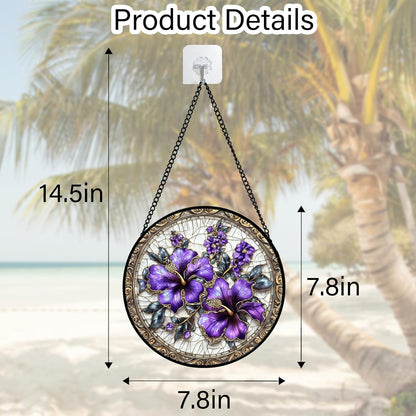 Stained Glass Window Hanging, Purple Flowers Romantic Suncatcher for Doors Home Sun Catchers Decoration and Christmas, Mother's Day Birthday Gifts for Women, Men, and Mom 7.8 in