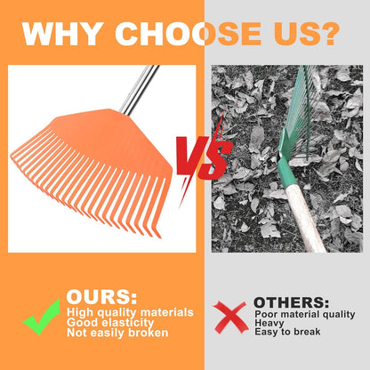 Leaf Rake16.5 Wide Adjustable Handle Leaf Rake - Plastic Head, Lightweight, Soft & Lawn-Friendly - Ideal for Women & Kids - Orange