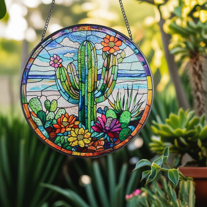 Cactus Suncatcher Decor, Cactus Stained Glass Window Art Beach Decor Sea Glass Hanging - 7.9" Outdoor/Indoor Art Decor for Home Garden