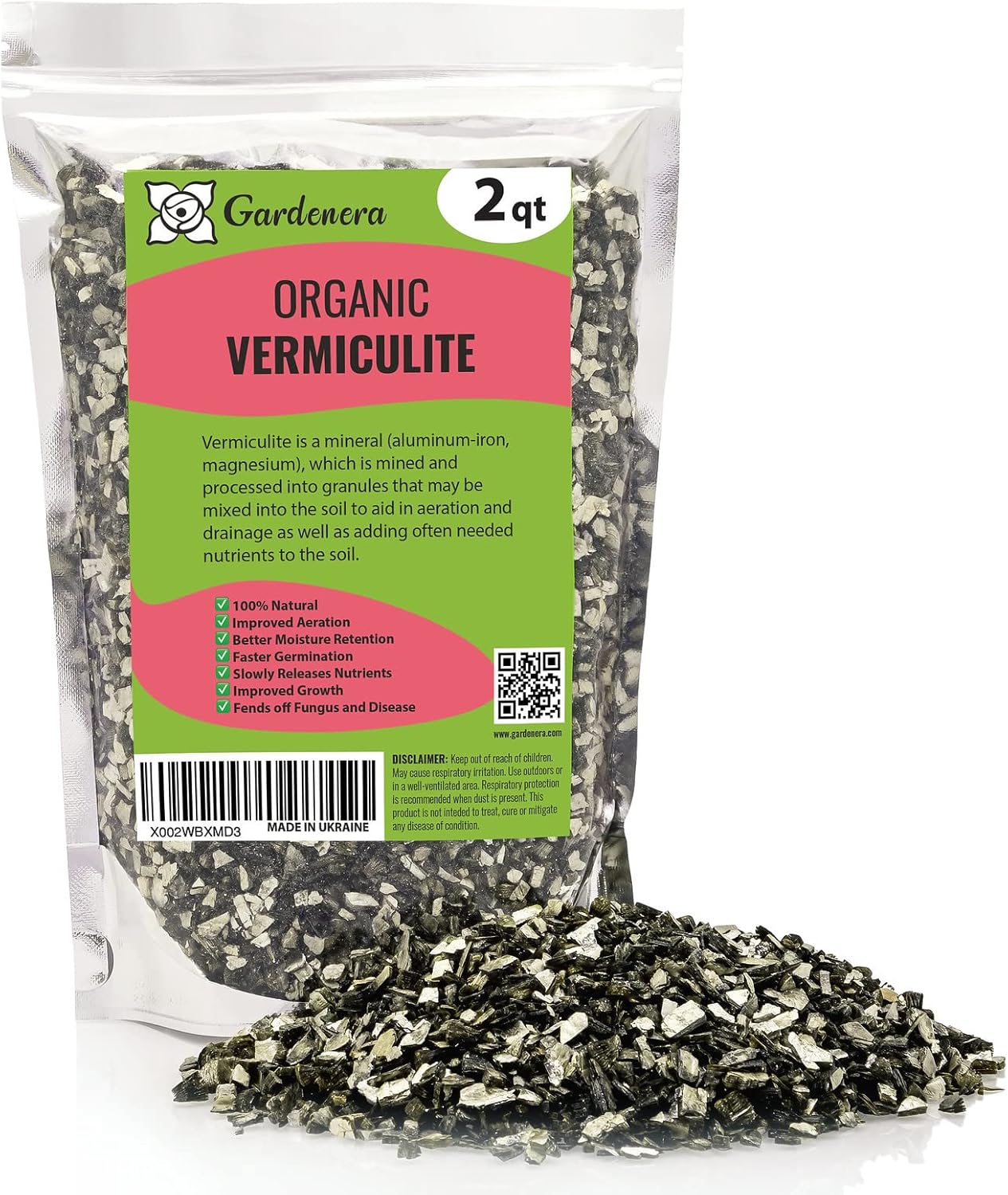 Horticultural Organic Vermiculite by GARDENERA - (Made in Ukraine) - Medium Grade - Natural Soil Additive for Potted Plants, Orchids, Hydroponics, Terrariums (2 Quart)