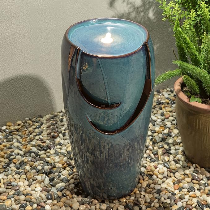 Glitzhome 29.25" H Oversized Ceramic Vase Outdoor Water Fountain Tall Patio Garden Water Fountain with LED Light and Submersible Pump Yard Art Decor, Turquoise