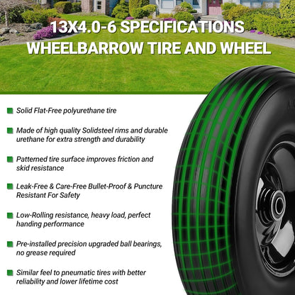 Upgrade 13Inch Wheelbarrow Tires 4.00-6 Flat Free Tire And Wheel with 5/8" & 3/4" Bearings, 1.77"-5.75" Center Hub for Wheelbarrows Garden Wagon Cart Wheel Replacement by NISHCON, 2Pack