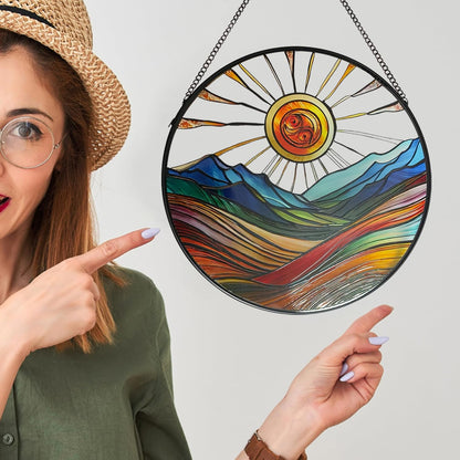 Sun Mountains Stained Glass Window Hanging, 9.8’’Sun Catcher Glass Panel Boho Wall Art Decor with Chain, Hand Painted Round Glass Gifts for Couples, Housewarming Gift