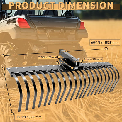 KUAFU 60 Inch Landscape Rake Pine Straw Rake Tractors Rake Fit for 2 Inch Receiver ATV UTV SxS Features 48" or 60" Accessory Tool Bar & 3 Point Hitch System Powder Coated Steel