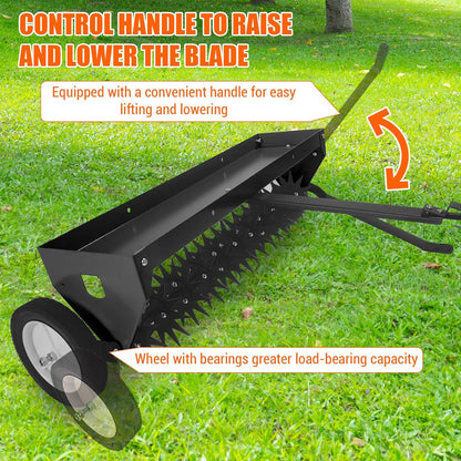 Tow Behind Aerator 40 Inch with Steel Teeth and Transport Wheels, Adjustable Handle Pull Behind Plug Aerator with Tray for Farm Lawn Garden, Durable Lawn Aeration Tool