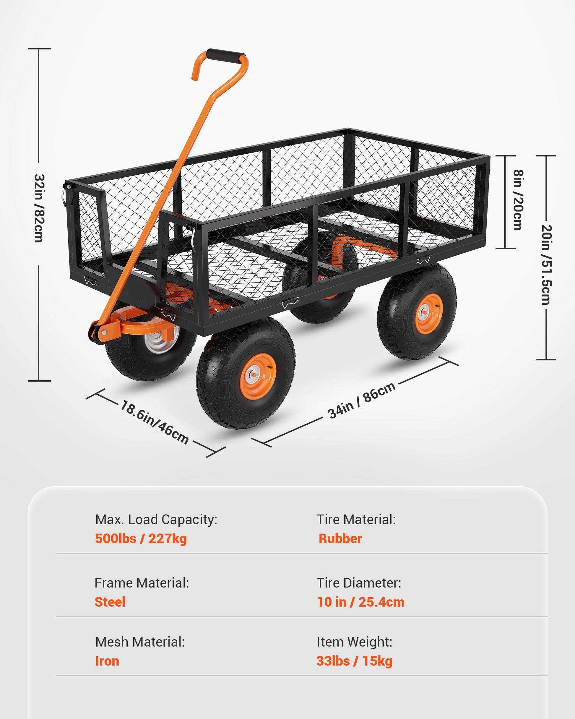 GarveeLife Heavy Duty Steel Garden Cart, 500 LBS Capacity 3 in 1 Pullable Garden Wagon with 10 in