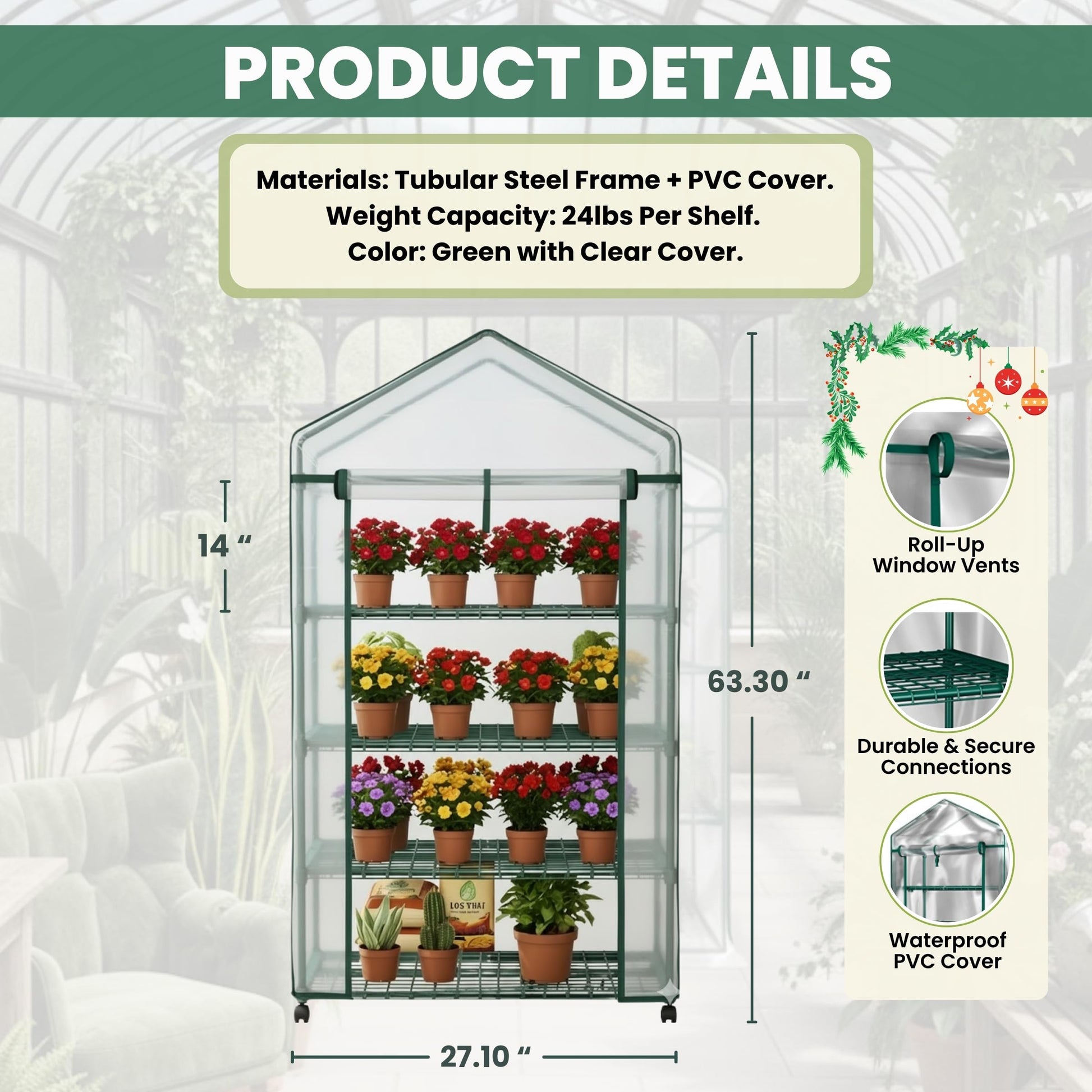 4 Tier Mini Greenhouse - Portable Greenhouse with Locking Wheels and PVC Cover for Indoor or