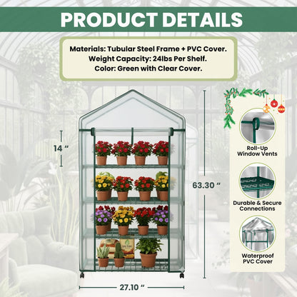 4 Tier Mini Greenhouse - Portable Greenhouse with Locking Wheels and PVC Cover for Indoor or