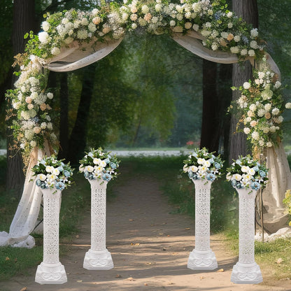 Roman Column Pedestal, Plastic White Columns for Weddings Indoor/Outdoor Roman Pillar Stand for Table Sculptures, Vase, Garden Decor (4PCS, 10.6 x 34.6 Inch Fretwork)