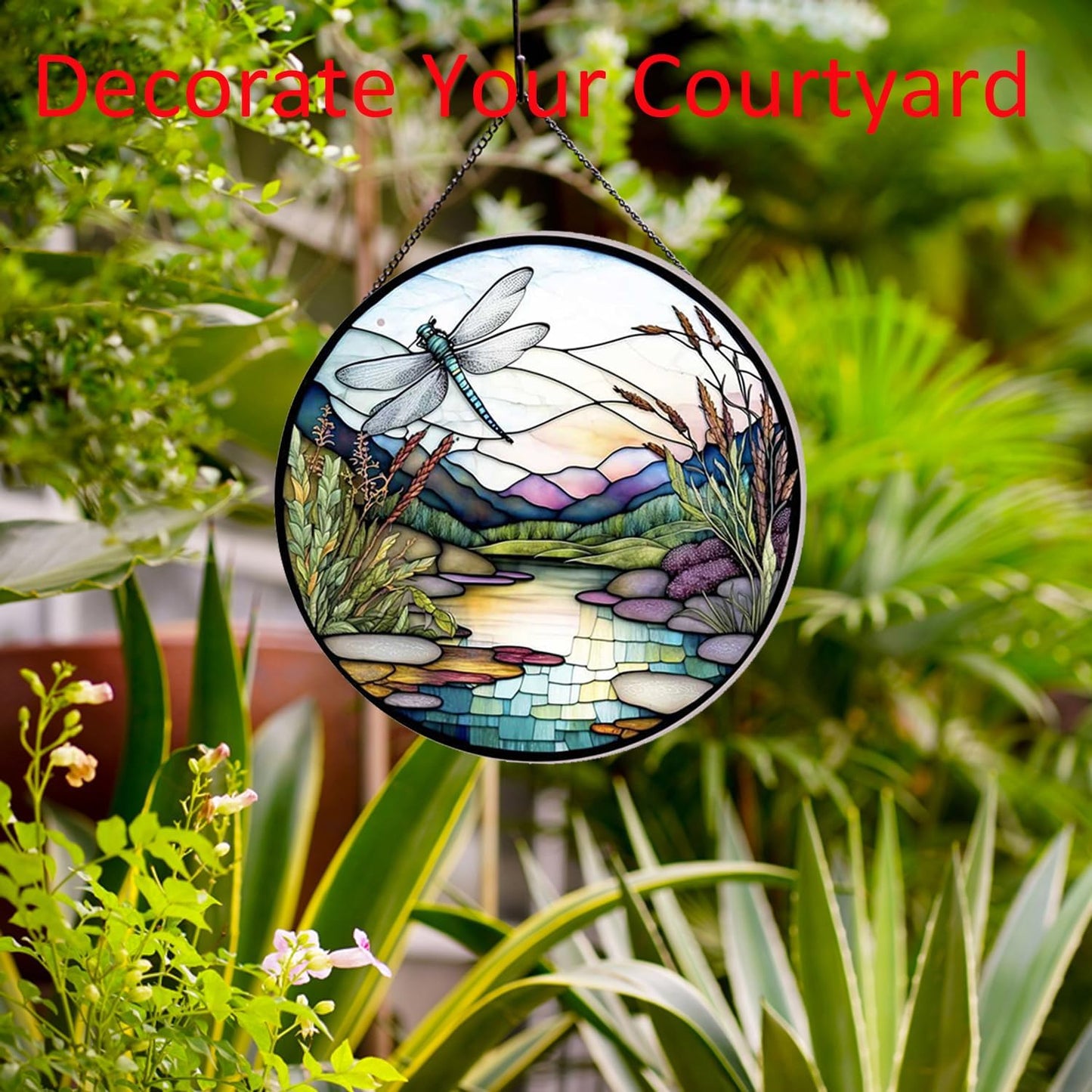 River and Dragonfly Pattern Suncatcher Stained Glass,Hanging Stained Glass for Windows,20cm/7.87inch Hand-Painted Sun Catcher Garden Hangings Painted Glass Panel Decor Themed Gift