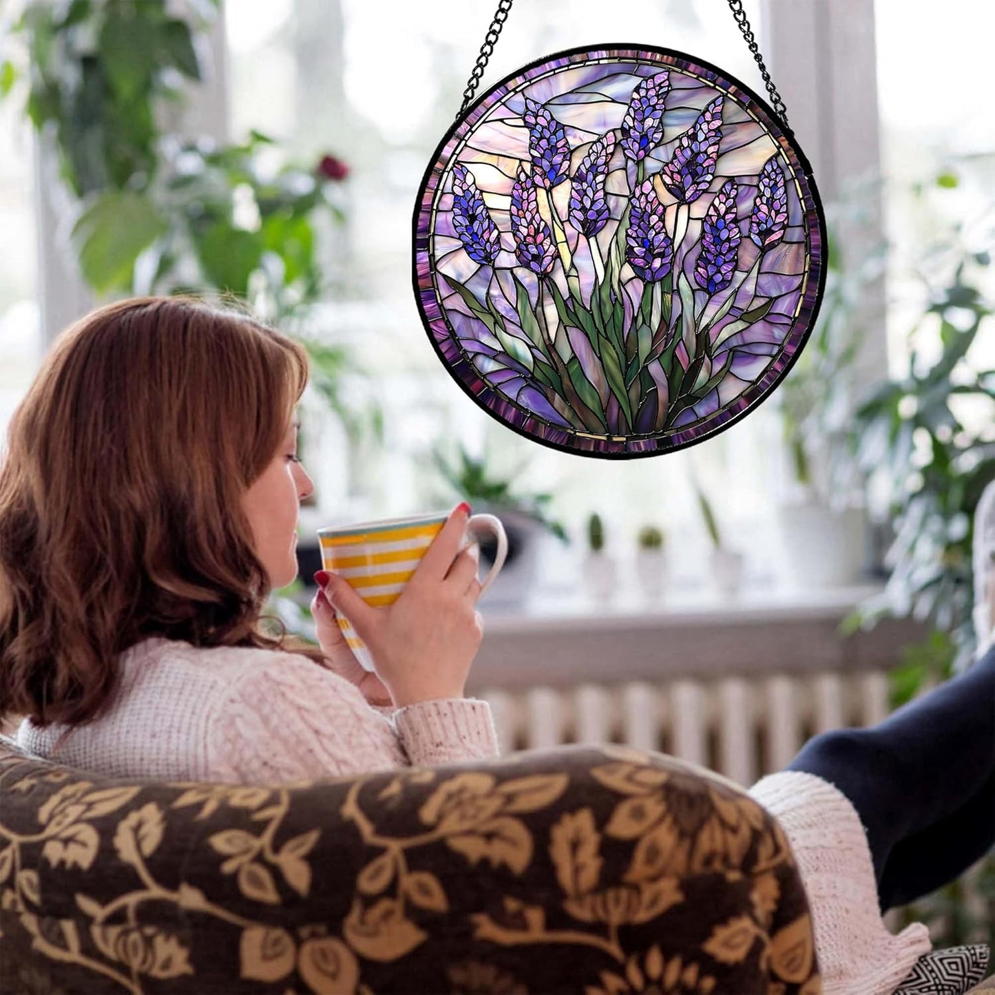 Stained Glass Window Hanging - Purple Flowers Suncatcher for Door Terrace Garden Home Decor Lavender Plant Floral Sun Catcher Birthday Gifts for Lovers Women Men Dad Mom Nana 6.3 in