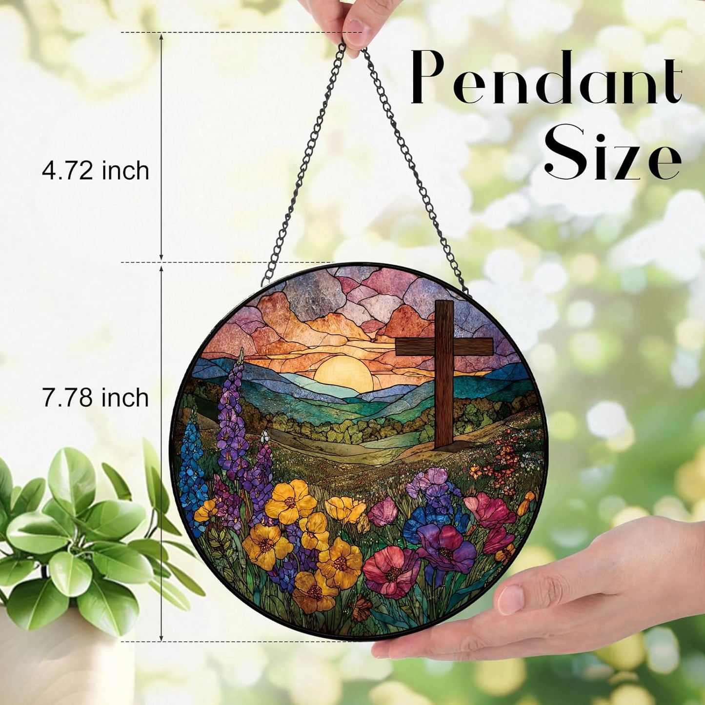 Wildflowers and Crosses Suncatcher -7.9 in Stained Glass Window Hanging Sun Catcher Garden Decor