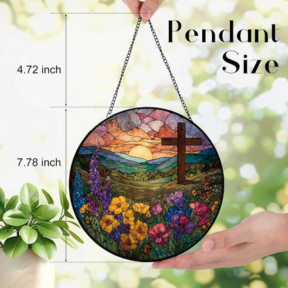 Wildflowers and Crosses Suncatcher -7.9 in Stained Glass Window Hanging Sun Catcher Garden Decor