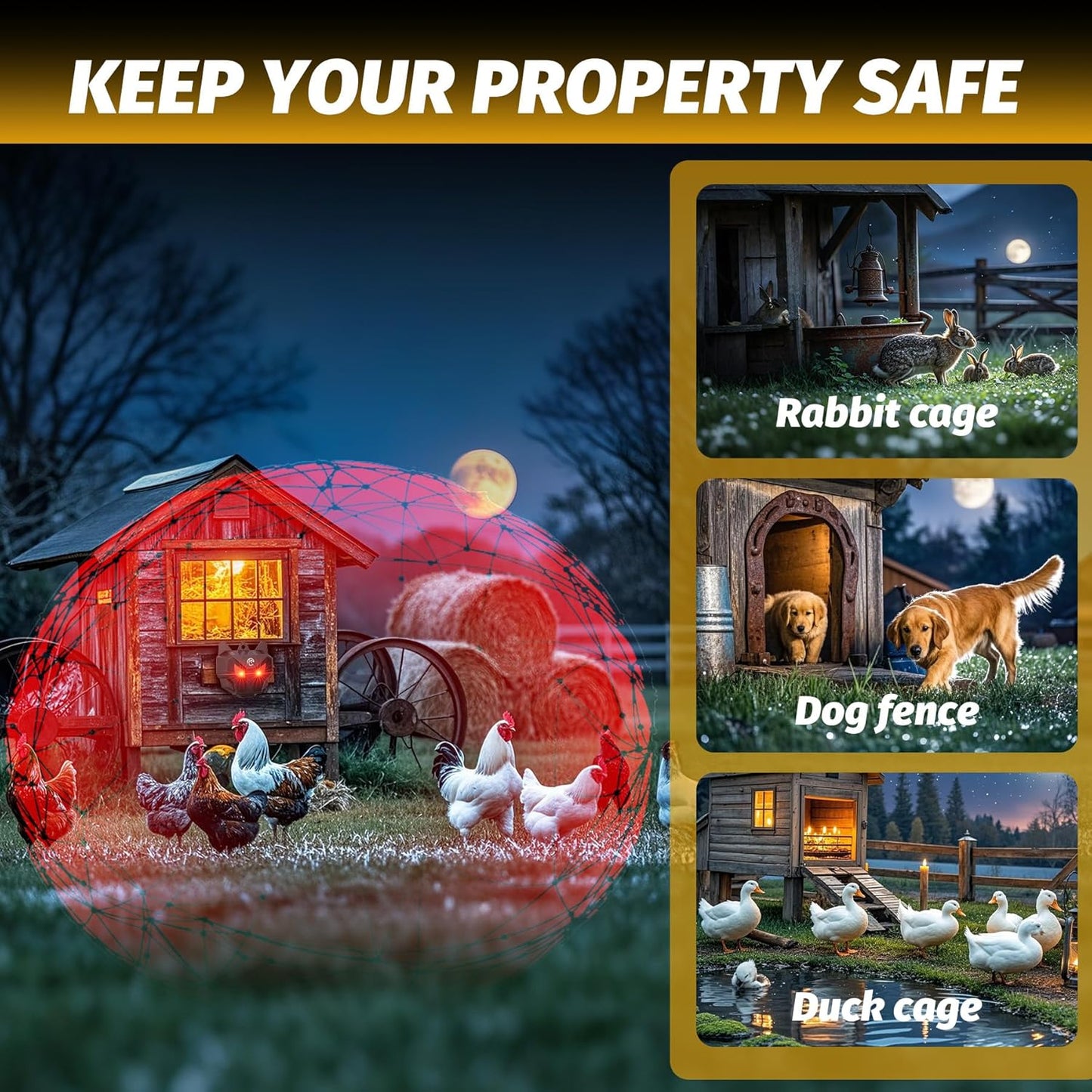 Solar Powered Racoon Repellent Devices with Flashing Lights, Waterproof Coyote Deterrent Device Energy-Efficient Predator Lights for Chicken Coop