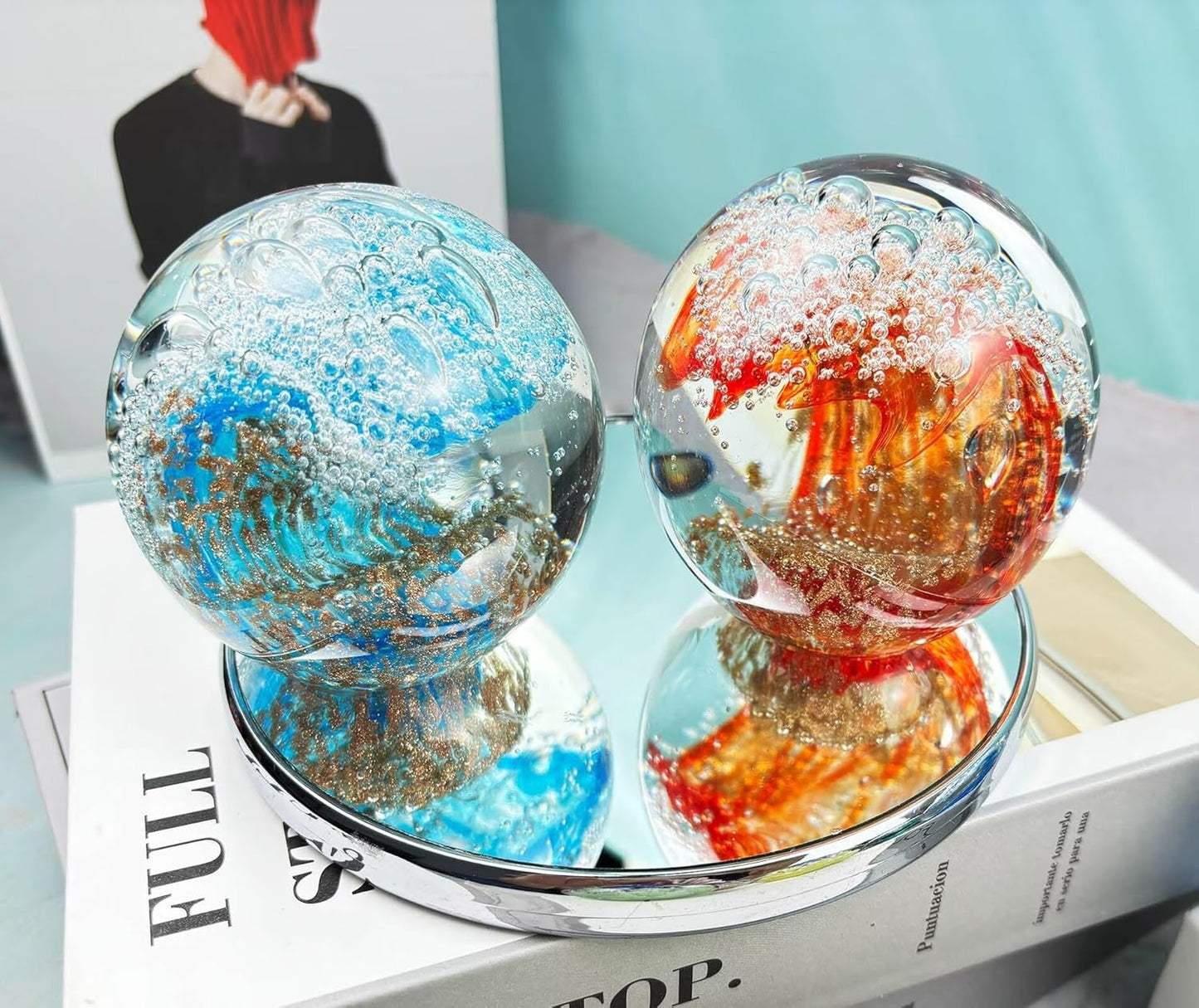 Decorative Crystal Ball Figurines Ocean Waves Paperweight Blown Glass Decor Sea Art Ocean Lovers Gift Blue Amber 3.15"