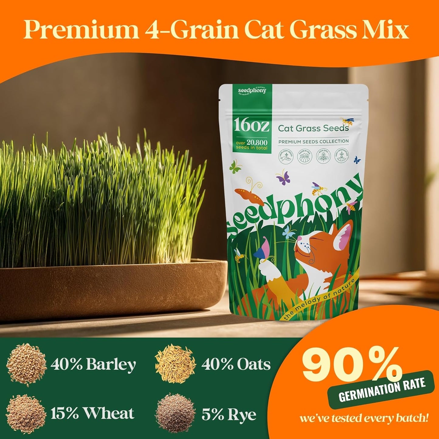 Cat Grass Seed Mix – 16 oz Pack with 20,500 Non-GMO Heirloom Seeds for Cats, Barley, Oat, Rye & Wheatgrass for Indoor Growing, Fresh Pet Grass for Digestion & Hairball Control