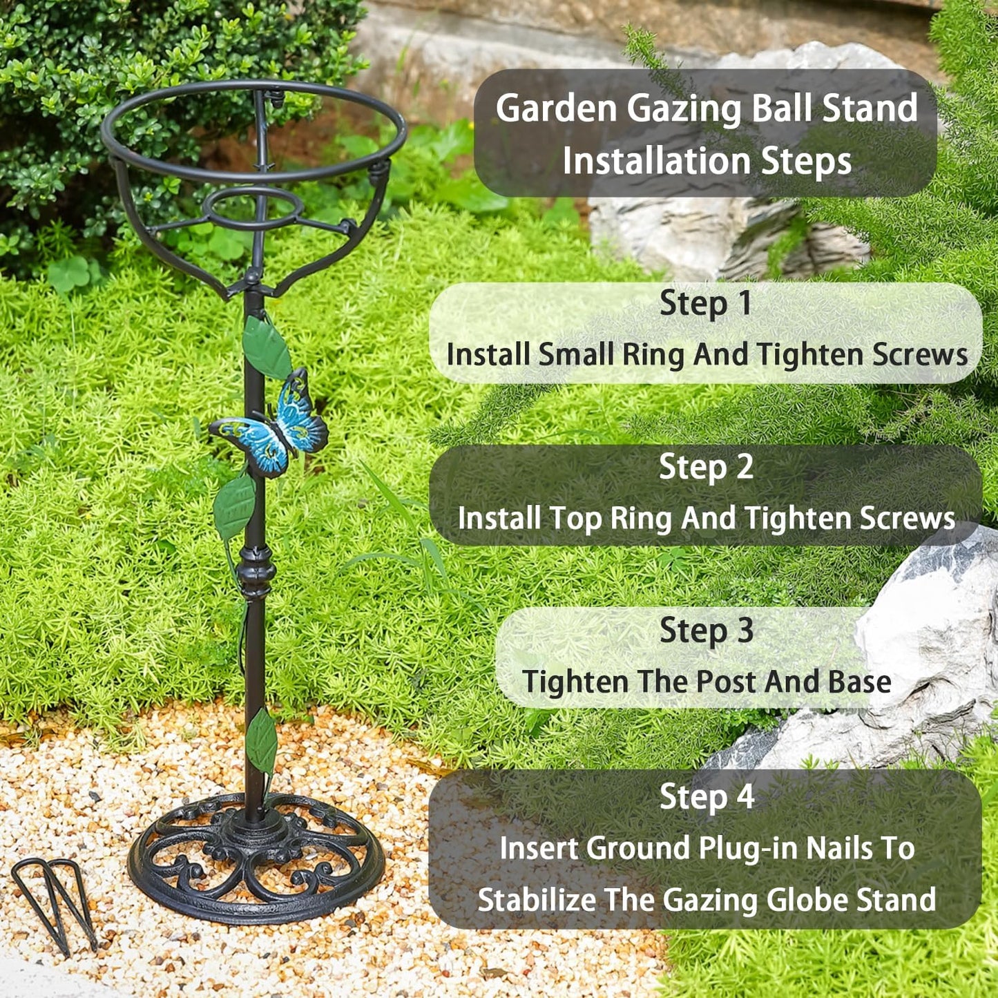 Cast Iron Gazing Globe Stand, 24.5" Gazing Ball Stand for 10-12 Inches Garden Gazing Globes, Metal Display Gazing Ball Holder for Indoor Outdoor, Easy Assembly, Black