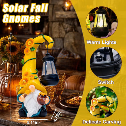 Thanksgiving Decorations for Home Porch 12" Solar Sunflower Gnome Garden Statues Honey Bee Jar Decor with LED Lantern Outdoor Gnomes Decorations Patio Yard Balcony Art Birthday Gifts for Mom Grandma