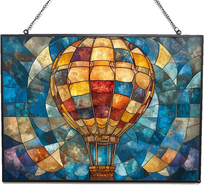 Personalized Rectangle Boho Hot Air Balloon Stained Glass Suncatcher Window Hanging, Gothic Christmas Ornaments for Fiction Lovers, Dinosaur Room Decor for Nursery New Home Gifts