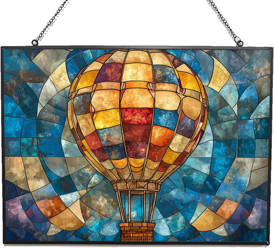 Personalized Rectangle Boho Hot Air Balloon Stained Glass Suncatcher Window Hanging, Gothic