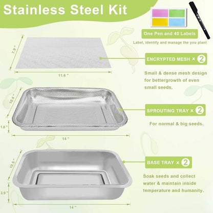 Stainless Steel Sprouts Growing Kit 2-Tier 14 inch Trays, Microgreens Growing Kit, Seed Sprouting Tray with Encrypted Mesh Sprouts for Beans Alfalfa Broccoli Wheat Grass