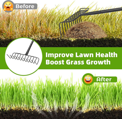 Rake, Heavy Duty Garden Rake with 11 Tines, 51 Inch Handle, 16 Inch Wide, Metal Garden Thatch Leaf Rakes for Raking Gathering Mulch,Metal Bow Rakes for Lawn Yard Bushes Pine Needles Leaves Grass