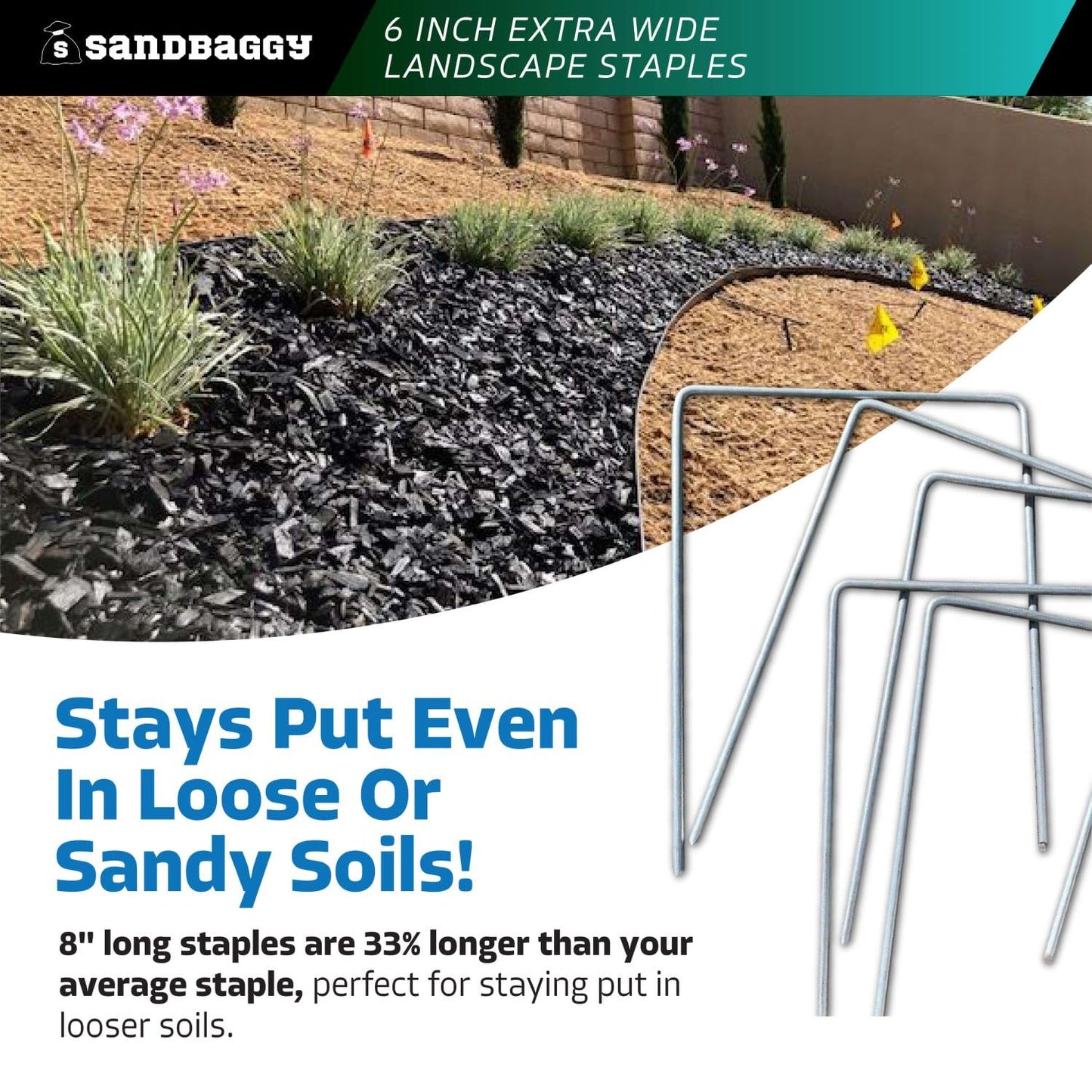 Sandbaggy 6" Wide Landscape Staples - Extra Heavy Duty: 7 Gauge Galvanized Steel - Hold Down Pipes, Landscape Fabric, Ground Cover, Erosion Control Netting, Sod, & Turf (150, 6" W x 8" L)