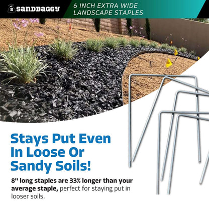Sandbaggy 6" Wide Landscape Staples - Extra Heavy Duty: 7 Gauge Galvanized Steel - Hold Down Pipes, Landscape Fabric, Ground Cover, Erosion Control Netting, Sod, & Turf (150, 6" W x 8" L)