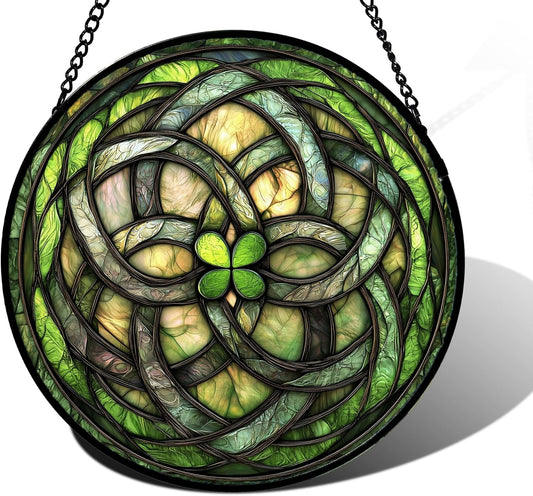 Stained Glass Window Hanging, Abstract Green Clover Sun Catchers Colorful Glass Panel Bless