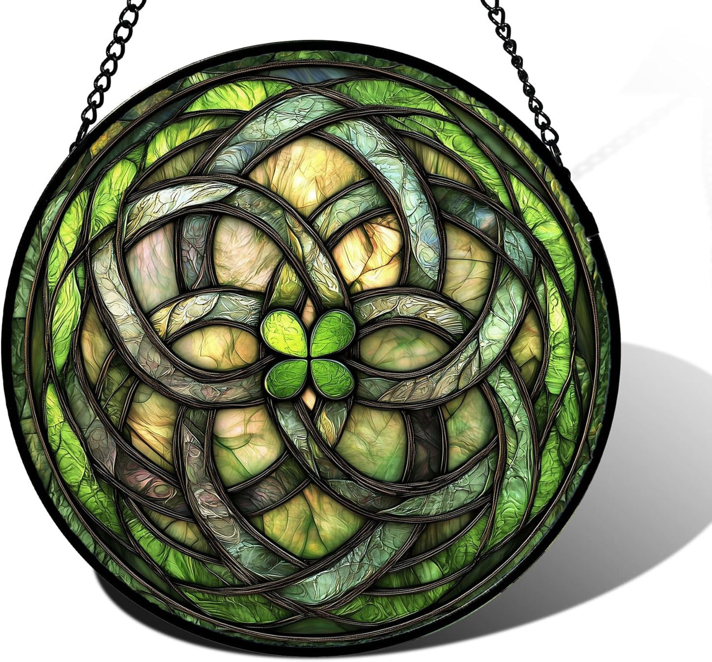 Stained Glass Window Hanging, Abstract Green Clover Sun Catchers Colorful Glass Panel Bless Suncatcher Decor for Birthday for Women, Men, Wife, Aunt, and Mom 11.8x11.8 in