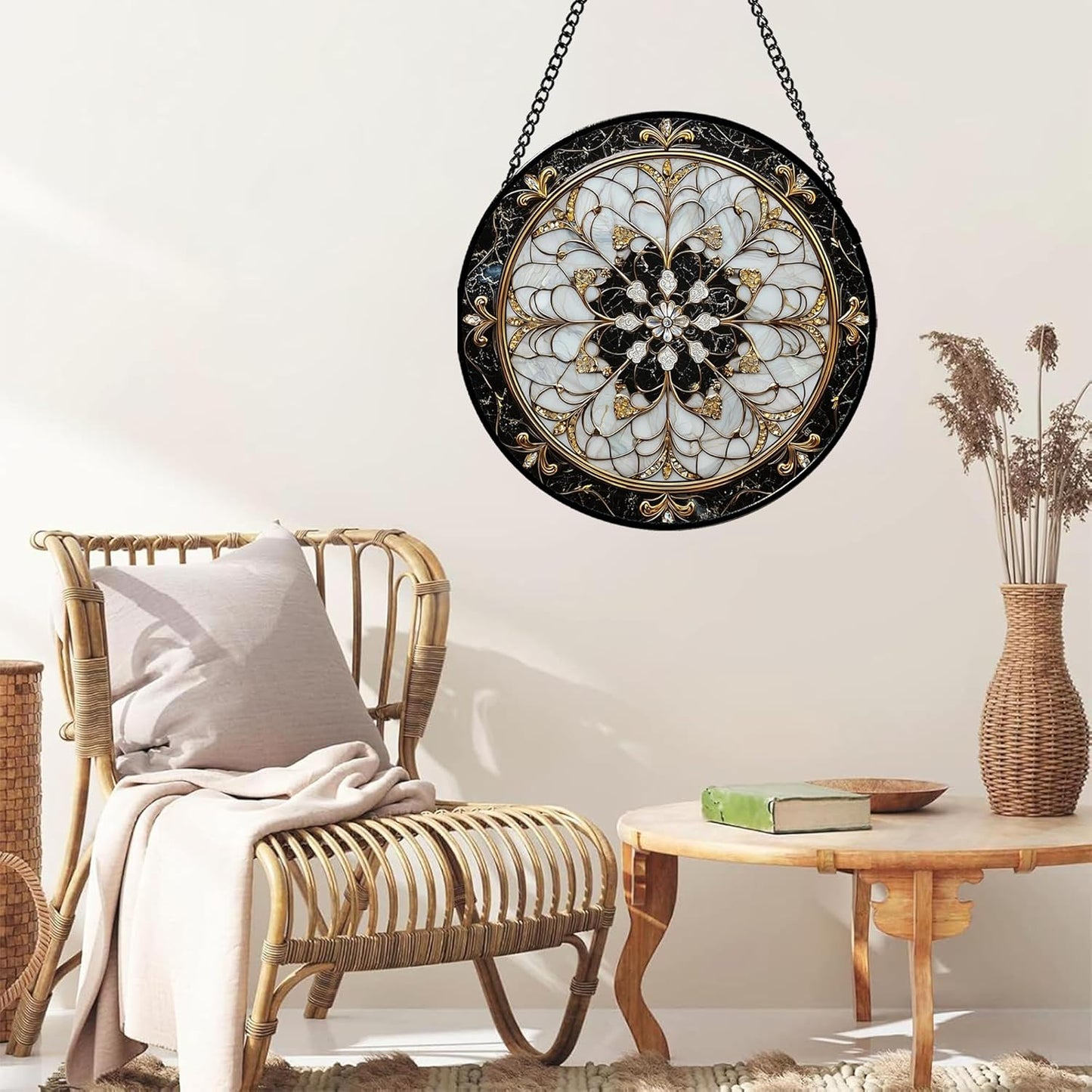 Stained Glass Window Hanging, Black and White Gold Boho Pattern Suncatcher for Doors Window Home Abstract Flower Sun Catchers Decor Mother's Day Birthday Gifts for Women, Men Mom 6.3 in