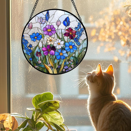 Stained Glass Window Hanging Blue Purple Wildflowers 9.8" - Suncatcher Door Garden Sunroom Sun Catcher Home Decor Birthday Christmas for Mom Men Woman Nana Friend