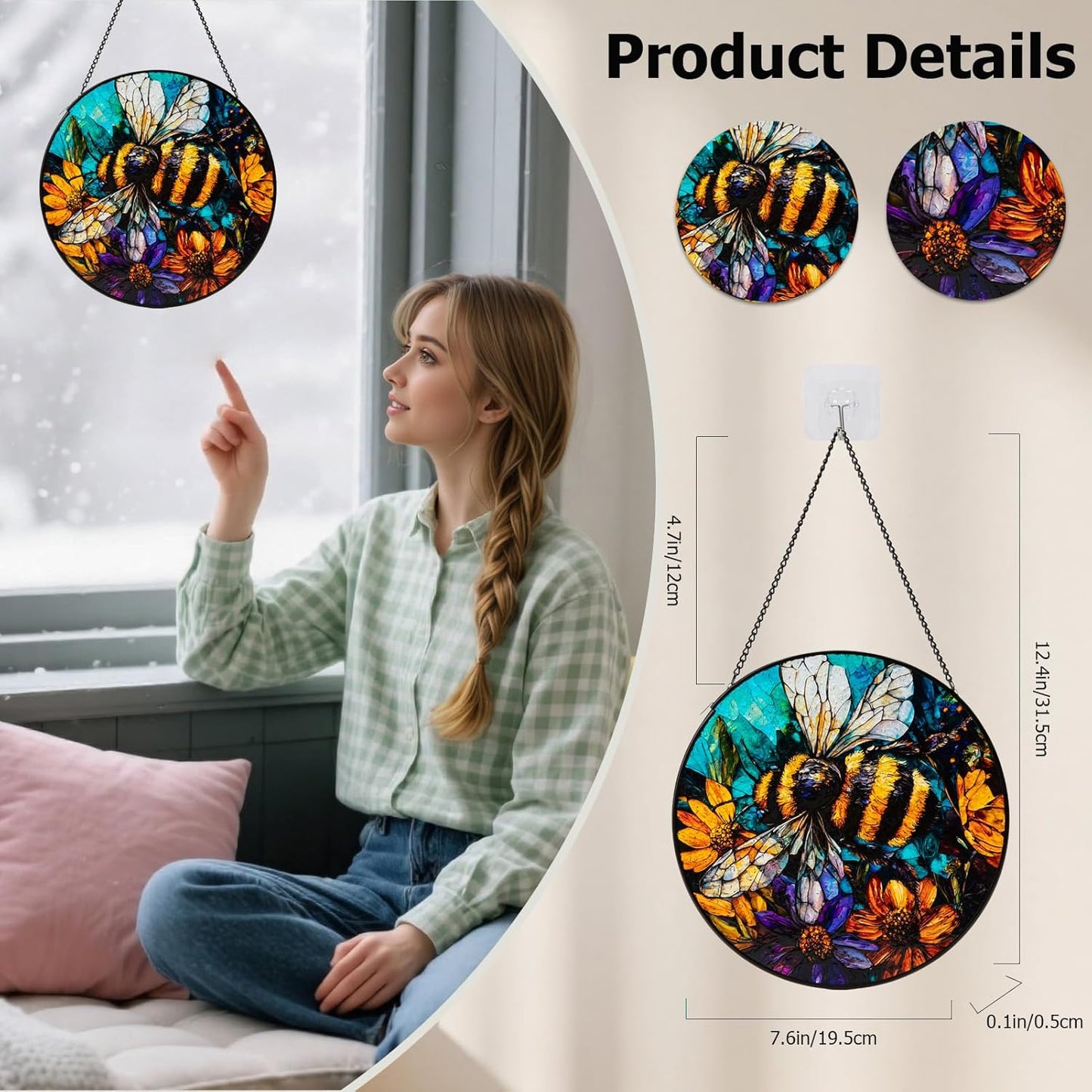 Stained Glass Window Hanging, Bee Yellow Flower Suncatcher for Doors Home Sun Catchers Decoration, Mother's Day Birthday Gifts for Women, Men, and Mom (8 Inch)