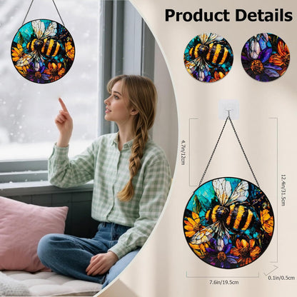 Stained Glass Window Hanging, Bee Yellow Flower Suncatcher for Doors Home Sun Catchers Decoration, Mother's Day Birthday Gifts for Women, Men, and Mom (8 Inch)
