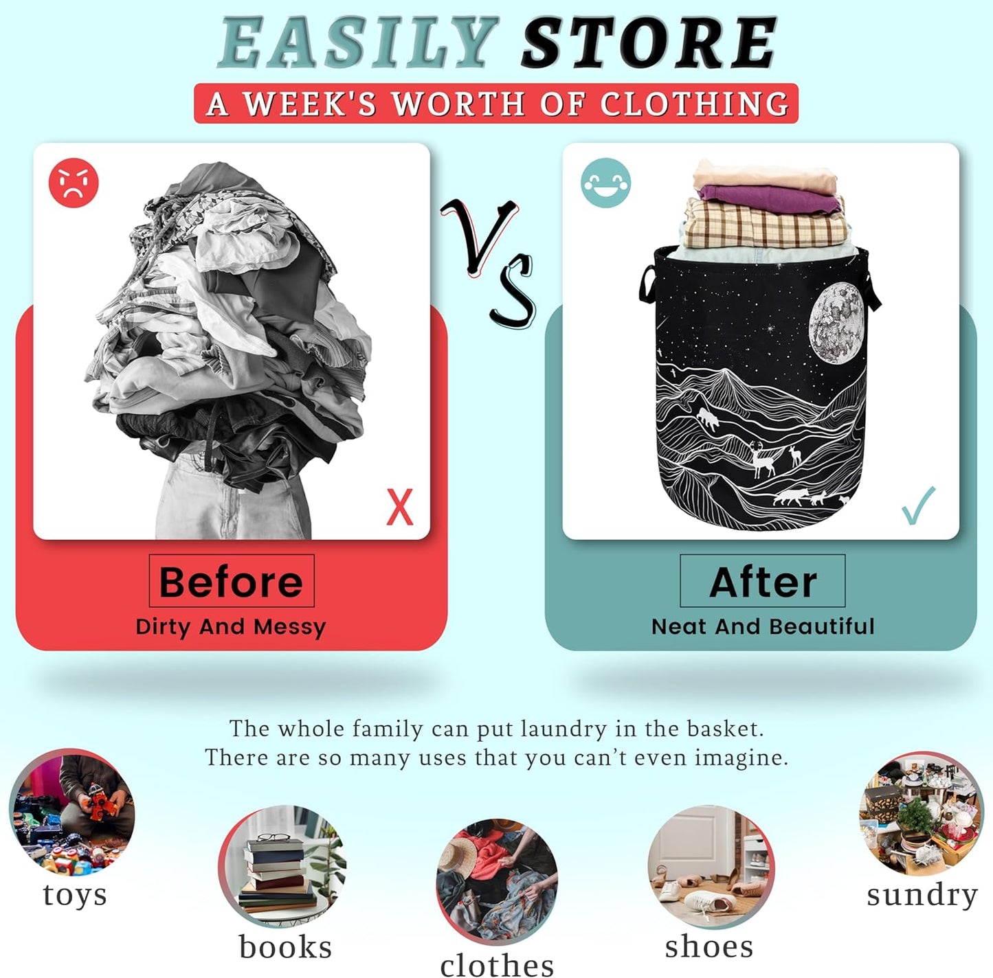 Mountain Laundry Basket Foldable With Handles Deer Bear Moon Tote Bag Oxford Cloth Funny Laundry Hamper Clothes Storage Bucket Toy Organizer For Bathroom/Laundry/Bedroom 18.9" x 16.5 "