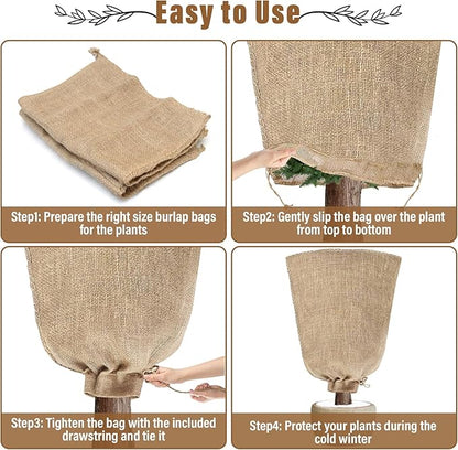 Riare 4 Packs 40 × 47 Inch Burlap Winter Plant Cover Bags with Drawstring- Reusable Large Burlap Sack Plant Frost Protector, Plant Frost Cloth Cold Tree Freeze Blanket for Outdoor Plants Fruit Shrubs