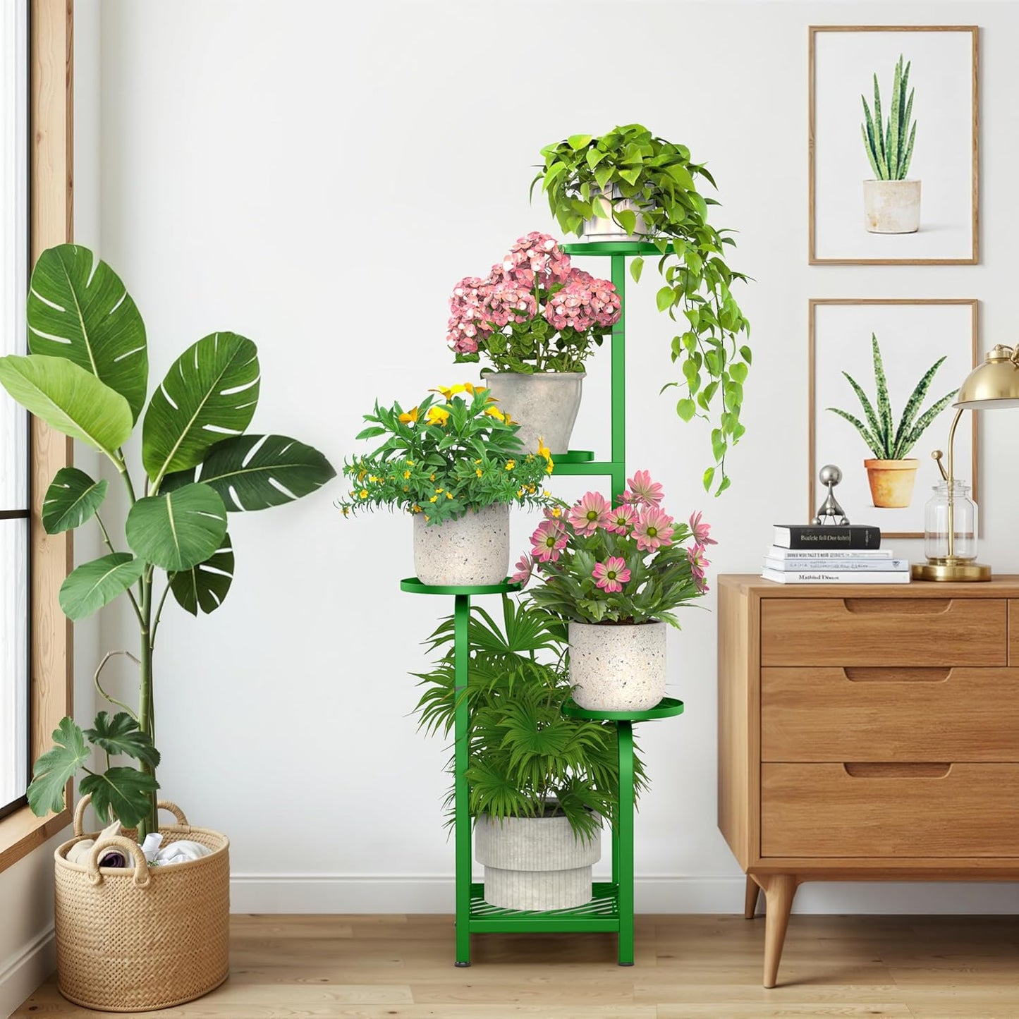 TOSKING 5 Tier Tall Plant Stand Indoor Outdoor, Heavy Duty Corner Shelf for Plants & Decor, Space Saving 3.9FT Metal Flower Pot Stand for Balcony, Garden, Living Room, Patio (Green, 47in)