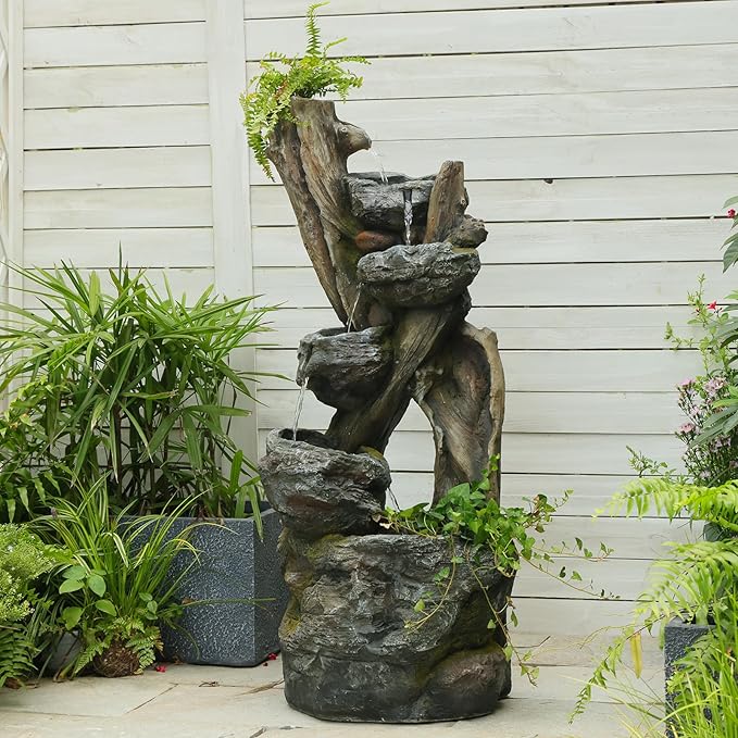 Outdoor Cascading Water Fountain Garden, 43.7'' Resin Tree Trunk & Rock Design Garden Waterfall Feature with LED Lights for Patio, Porch, Backyard and Home Decor, Gift