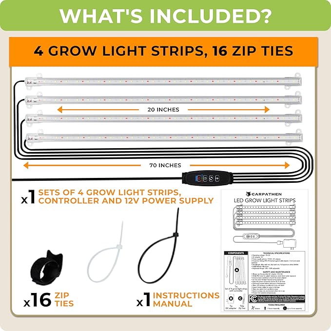 Carpathen Four-Strip LED Grow Light - 20” Full Spectrum, High PPFD, Even Light Distribution for Indoor Plants, Seedlings & Multi-Shelf Growing