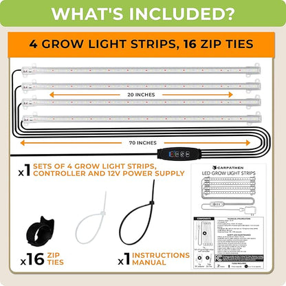 Carpathen Four-Strip LED Grow Light - 20” Full Spectrum, High PPFD, Even Light Distribution for Indoor Plants, Seedlings & Multi-Shelf Growing